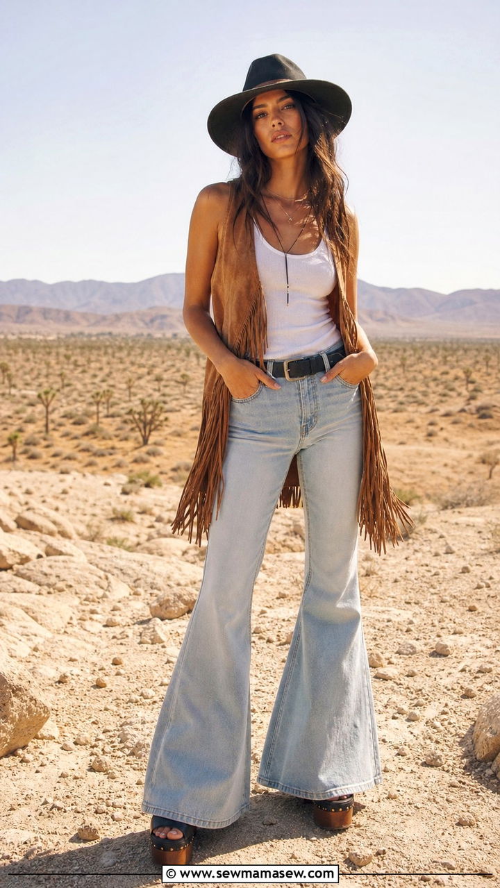 Boho Chic Bell Bottom Jeans and Fringed Vest Outfit - 40 Boho chic outfit ideas 2026