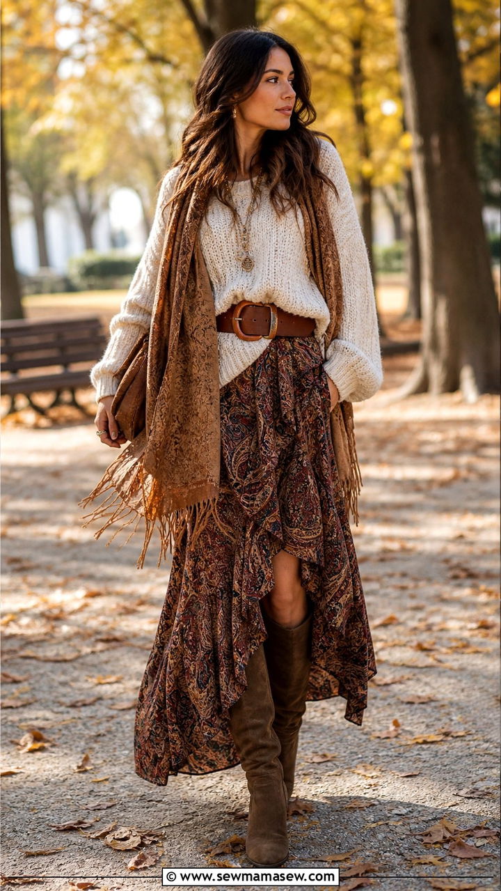 Boho Chic Chunky Knit Sweater and Printed Skirt Outfit - 40 Boho chic outfit ideas 2026