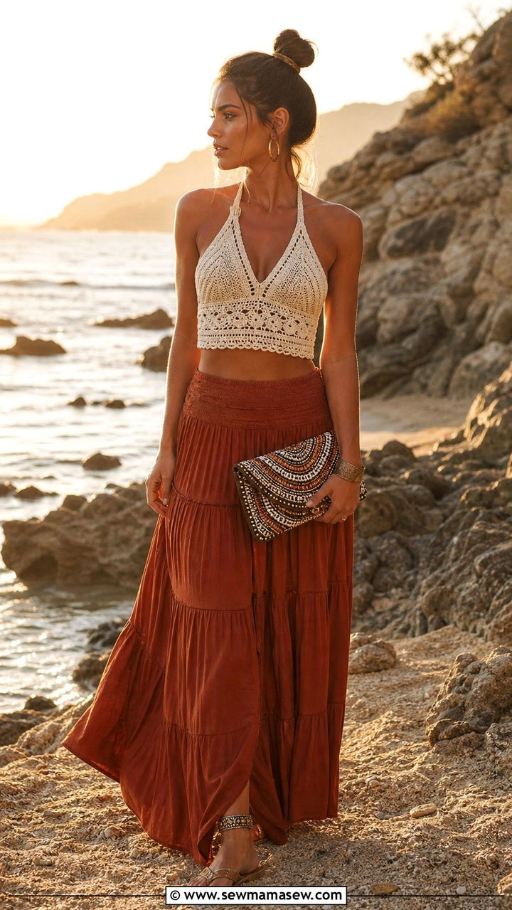 Boho Chic Crochet Halter Top and Maxi Skirt Outfit - 40 Boho chic outfit ideas 2026