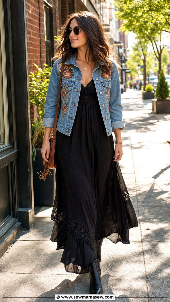 Boho Chic Embroidered Denim Jacket Outfit - 35 boho chic outfits for women