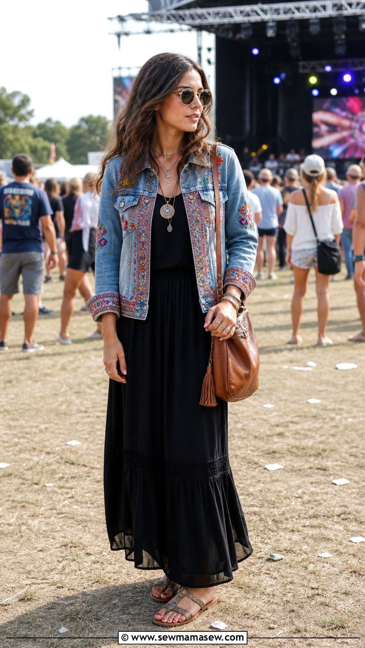 Boho Chic Embroidered Denim Jacket Over a Maxi Outfit - 40 Boho chic outfit ideas 2026