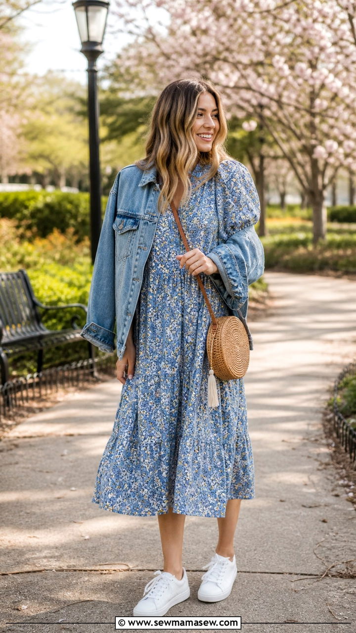Boho Chic Floral Midi Dress and Denim Jacket Outfit - 40 Boho chic outfit ideas 2026