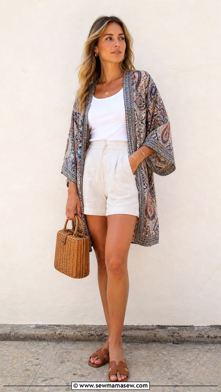 Boho Chic Kimono Jacket Over Shorts Outfit - 40 boho chic outfit ideas