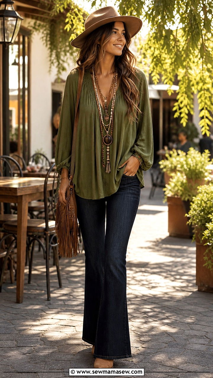 Boho Chic Layered Necklaces and V Neck Tunic Outfit - 40 Boho chic outfit ideas 2026