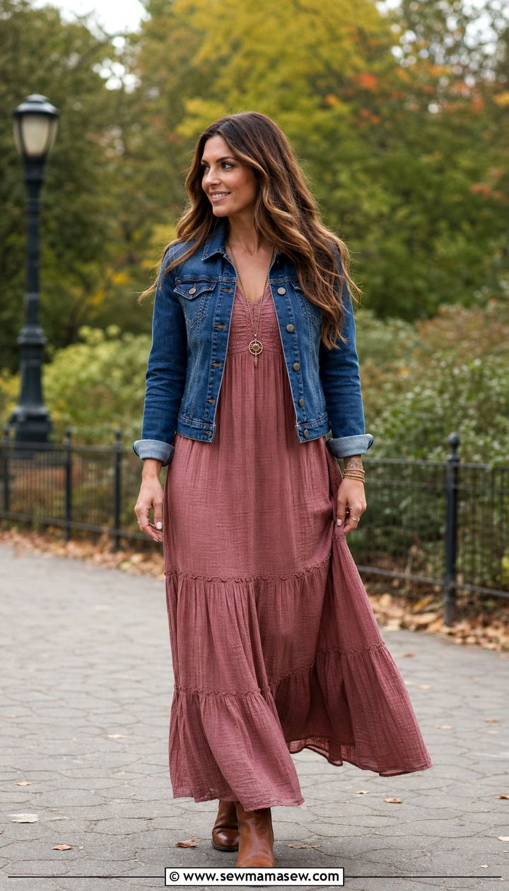 Boho Chic Maxi Dress With Denim Jacket - 35 boho chic outfits for women