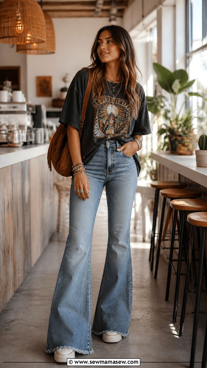 Boho Chic Oversized Graphic Tee and Flared Jeans Outfit - 40 Boho chic outfit ideas 2026