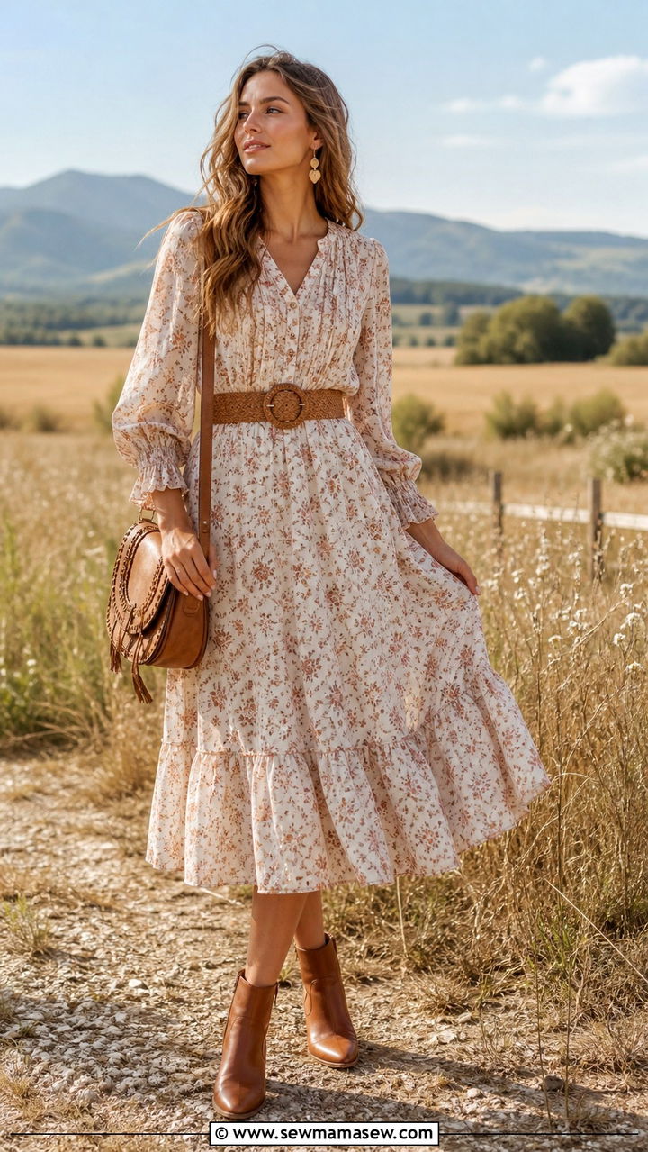 Boho Chic Prairie Dress and Ankle Boots Outfit - 40 Boho chic outfit ideas 2026