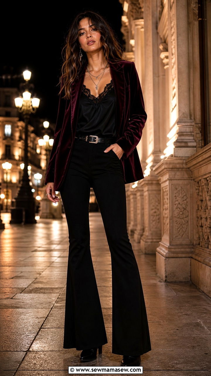 Boho Chic Velvet Blazer and Flared Pants Outfit - 40 Boho chic outfit ideas 2026