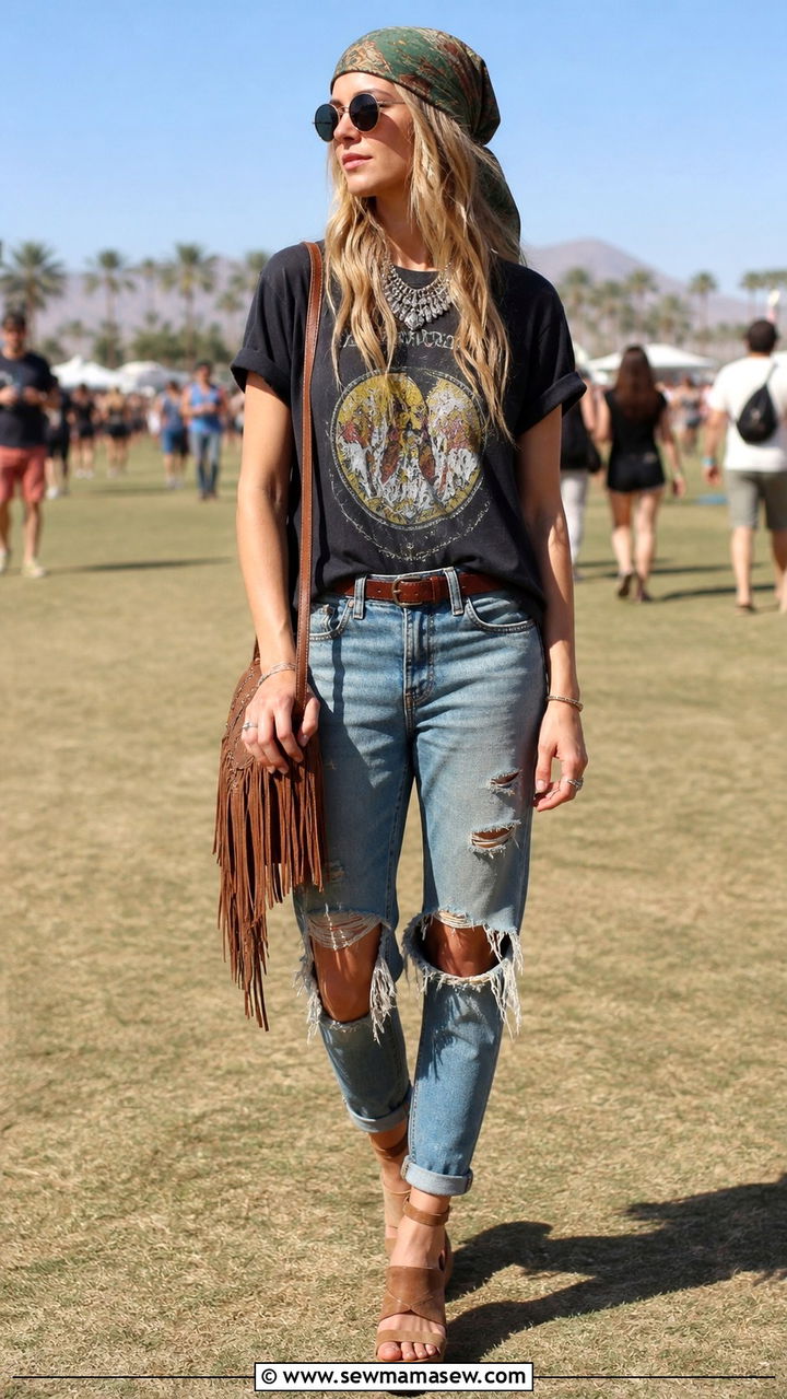 Boho Chic Vintage Band Tee and Headscarf Outfit - 40 Boho chic outfit ideas 2026