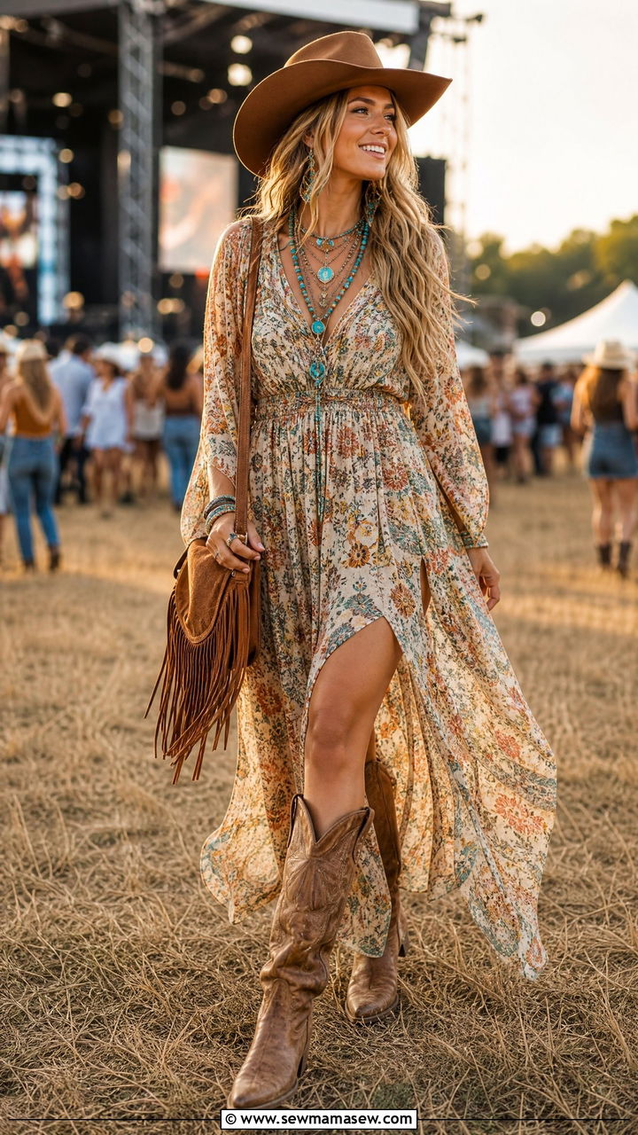 Boho Cowgirl Maxi Dress with Cowboy Boots - 30 cowgirl outfit ideas for women
