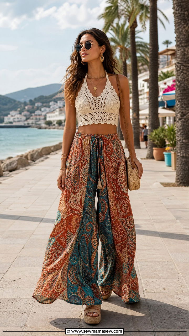 Boho Crochet Crop Top And Palazzo Pants - 25 Boho outfit ideas with crochet top