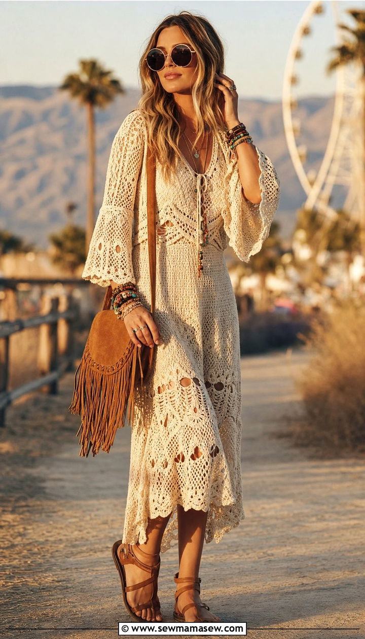 Boho Crochet Dress and Fringed Crossbody Bag Outfit - 25 cute outfits aesthetic