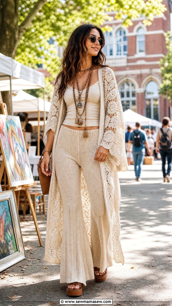 Boho Crochet Kimono And Flared Knit Pants Look - 25 Fashion for college sophomore