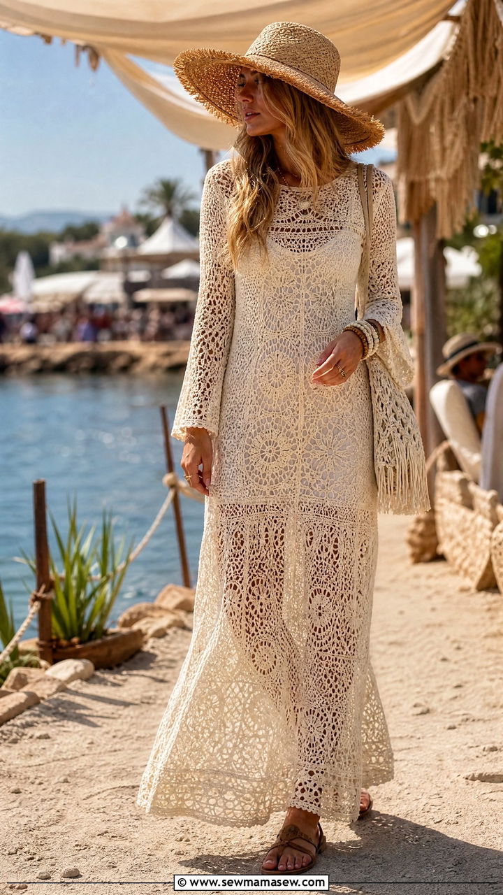 Boho Crochet Maxi Dress With Leather Sandals - 30 Cottagecore summer outfits