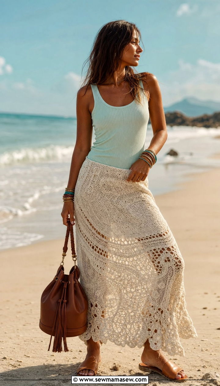 Boho Crochet Maxi Skirt with Ribbed Tank Outfit - 25 Spring fashion ideas