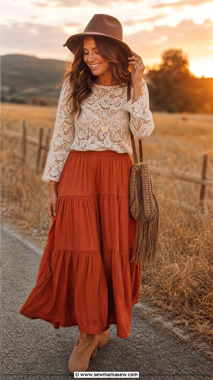 Boho Crochet Top And Flowy Skirt Engagement Look - 30 Engagement session outfit ideas
