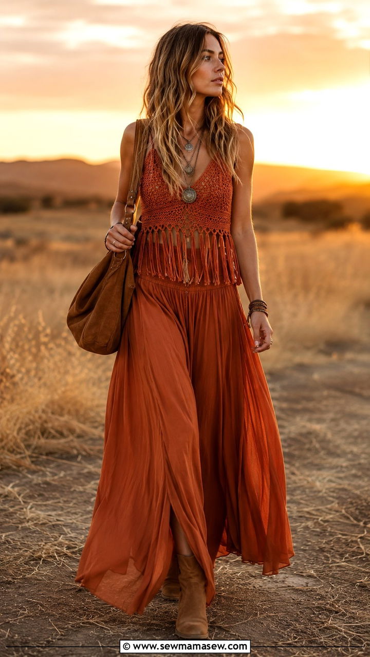 Boho Crochet Top And Fringe Maxi Skirt - 25 Boho outfit ideas with crochet top