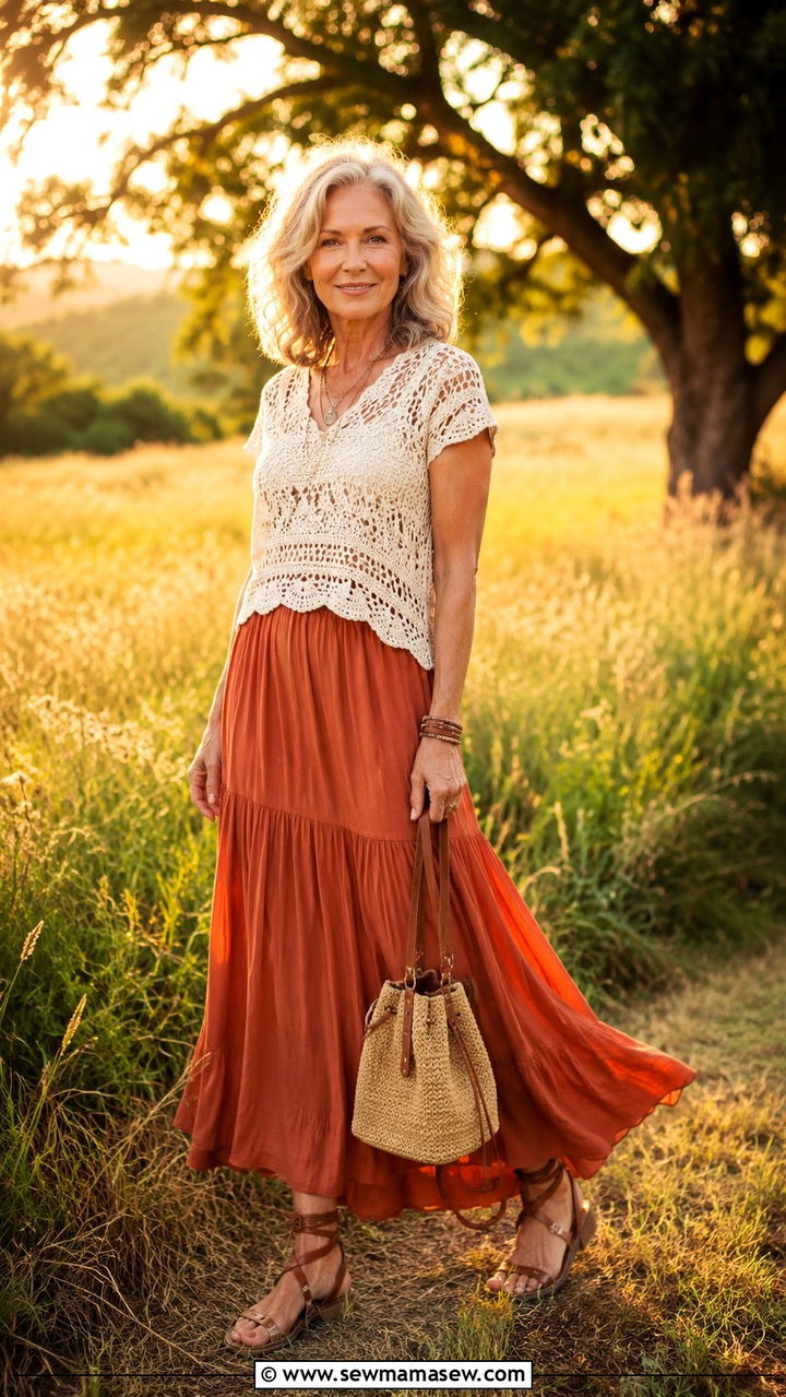 Boho Crochet Top With Maxi Skirt - 30 Picnic outfits for women over 50