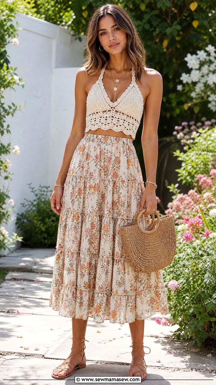 Boho Crochet Top With Tiered Midi Skirt - 25 Boho outfit ideas with crochet top