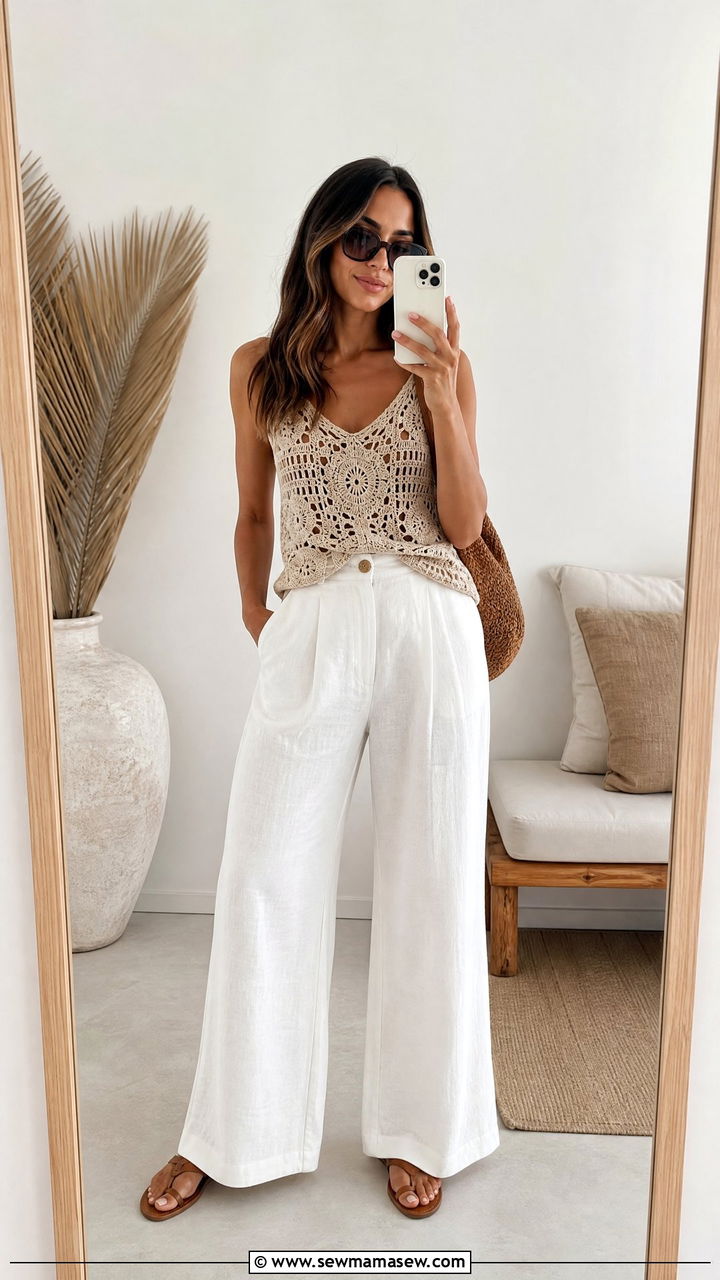 Boho Crochet Top With Wide Leg Linen Pants - 25 Boho outfit ideas with crochet top