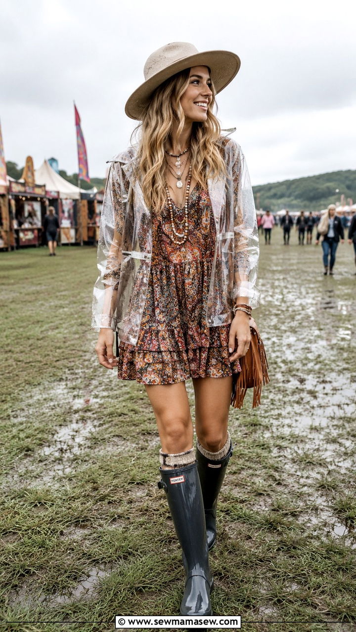 Boho Dress With Rain Jacket and Wellies - 25 Rainy festival outfit ideas