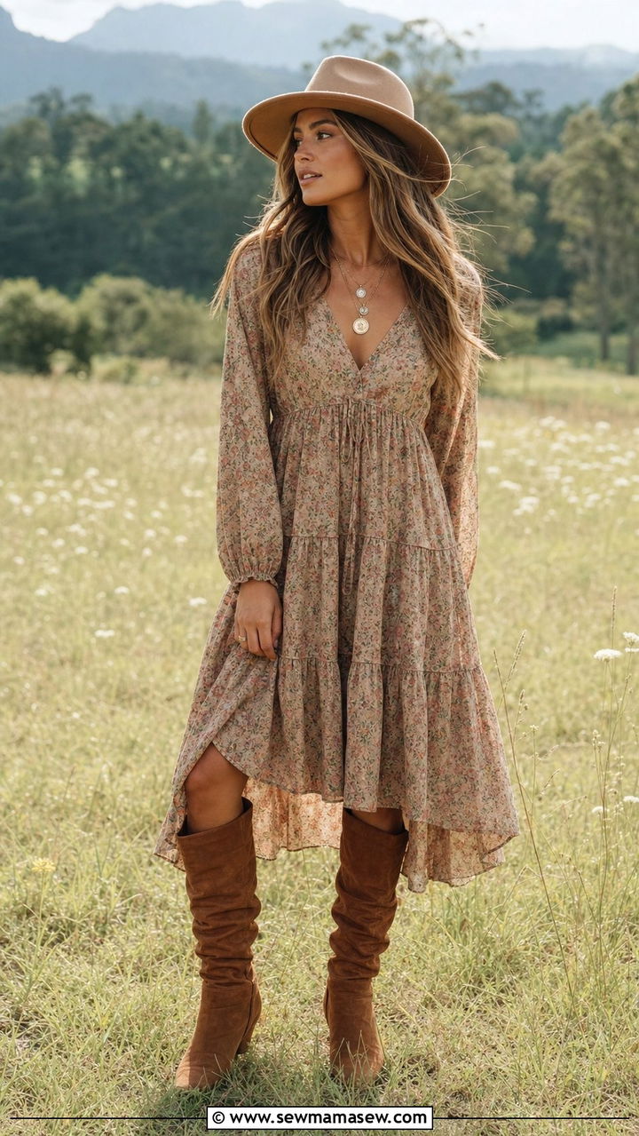 Boho Dress and Suede Knee High Boots - 25 Summer outfits with knee high boots