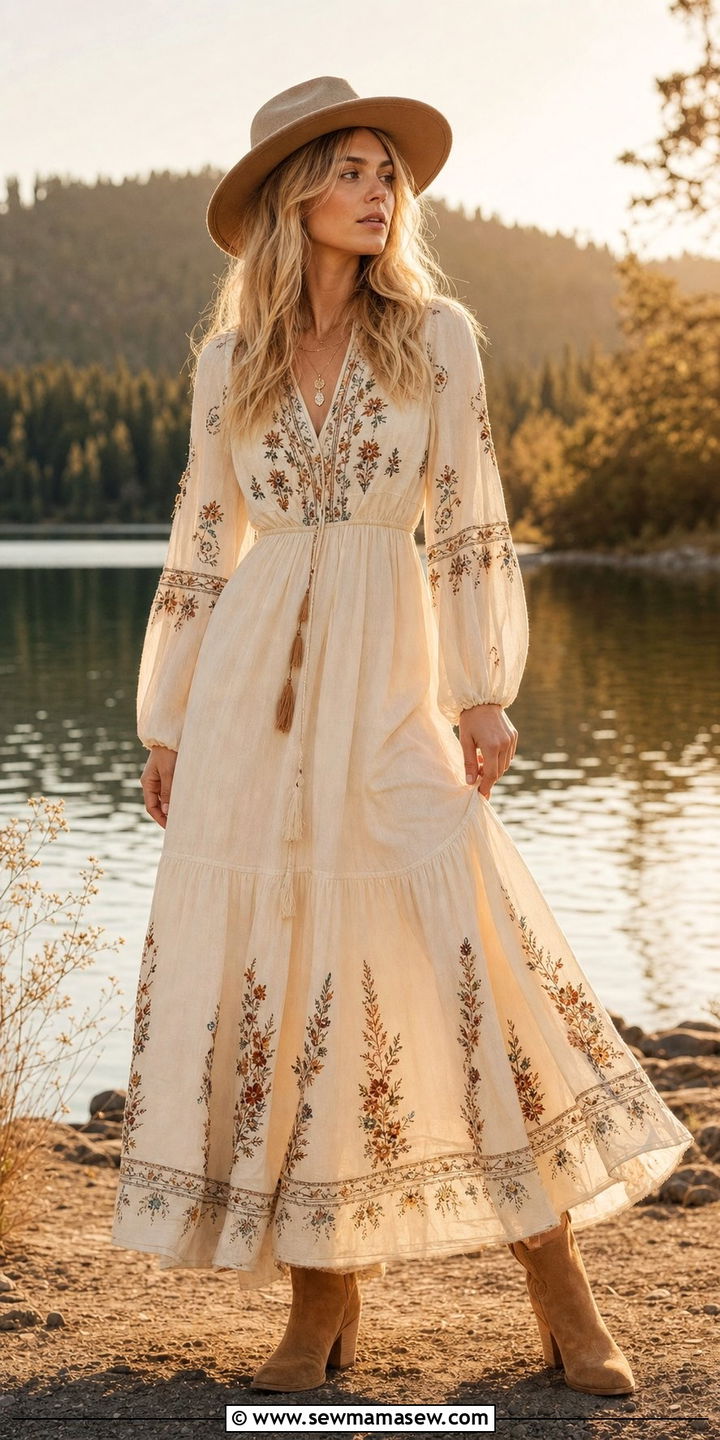 Boho Embroidered Maxi Dress With Ankle Boots And Felt Hat - 25 Spring lake outfits
