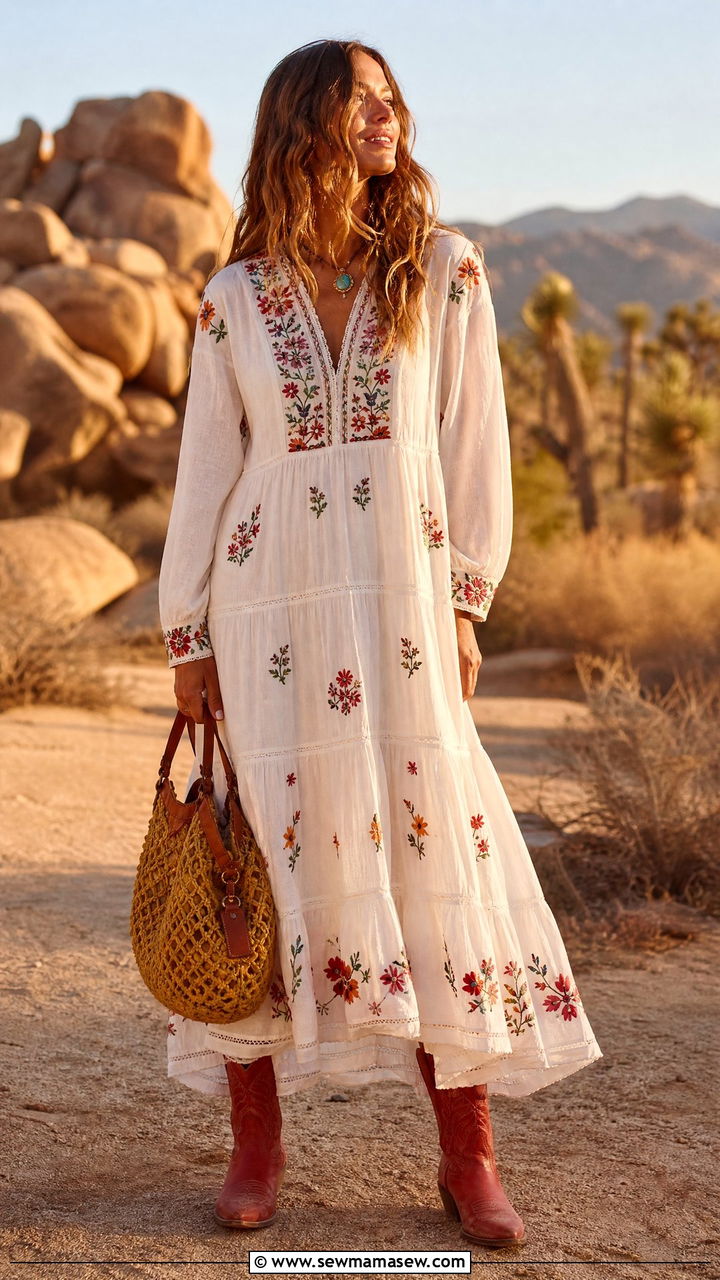 Boho Embroidered Maxi Dress With Cowboy Boots And Woven Bag - 30 Stylish spring outfit ideas 2026