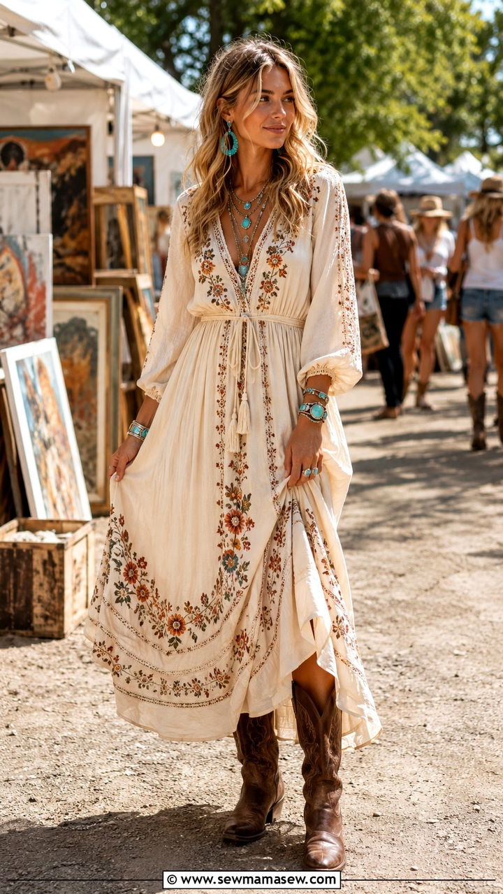 Boho Embroidered Maxi Dress with Cowboy Boots - 30 Maxi dress with cowboy boots outfit ideas