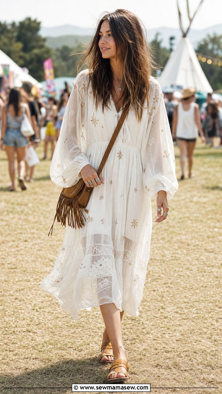 Boho Embroidered Midi Dress and Suede Sandals Outfit - 25 Summer outfits for 20 year old woman
