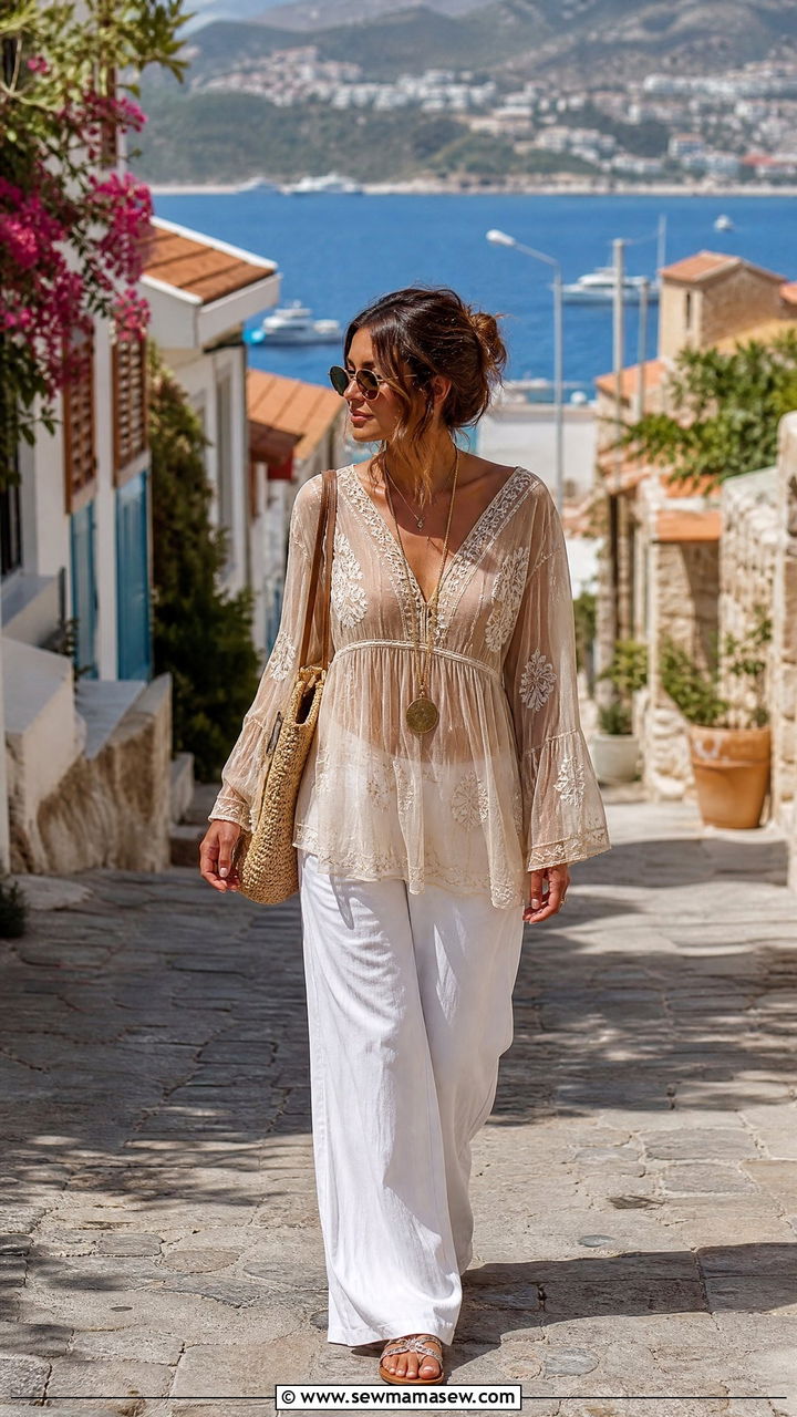 Boho Embroidered Tunic Over White Wide Leg Pants - 25 Turkey vacation outfit ideas