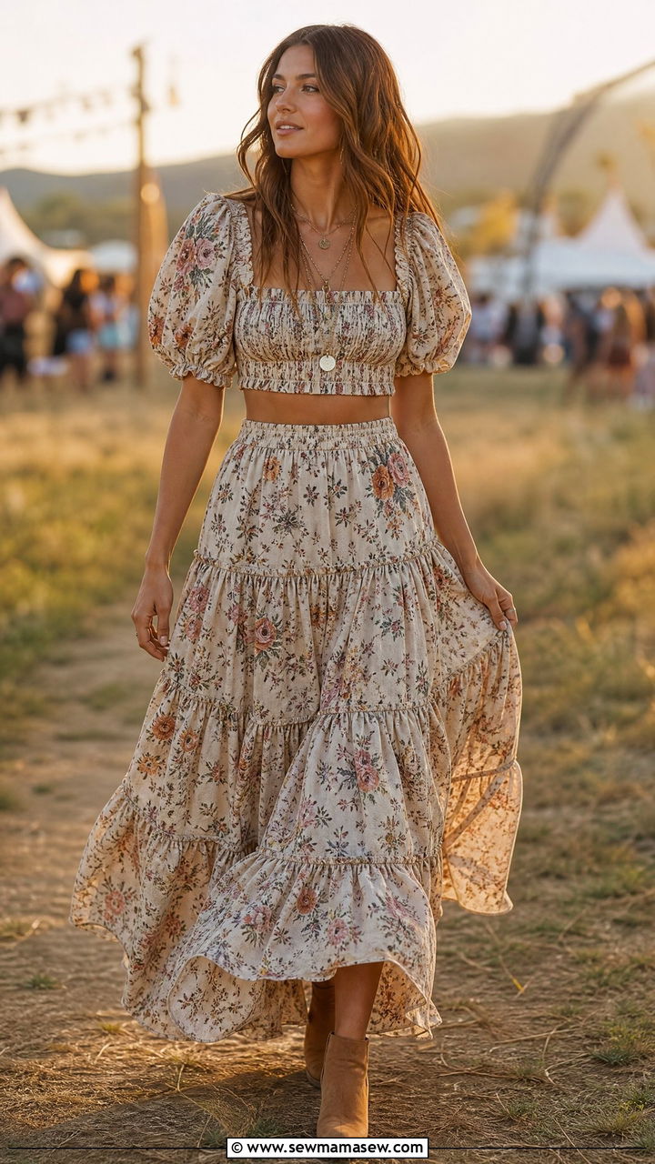 Boho Floral Crop Top And Maxi Skirt Set - 30 Coord set outfit ideas for festival