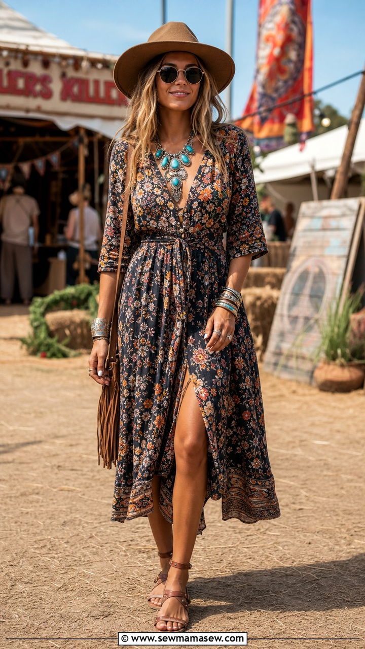 Boho Floral Dress With Turquoise Statement Necklace - 25 Summer outfits with jewelry