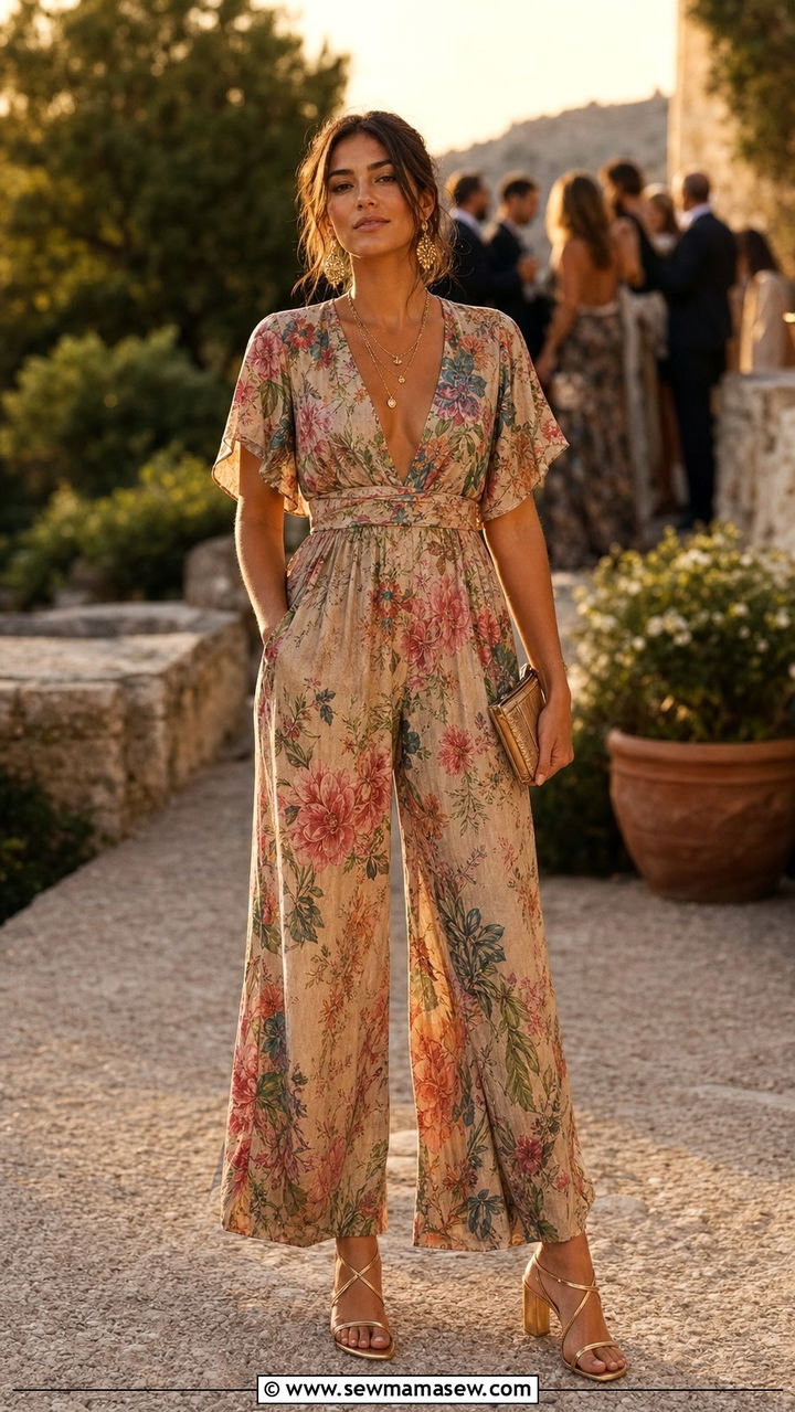 Boho Floral Jumpsuit with Strappy Heeled Sandals - 25 cute boho chic outfits