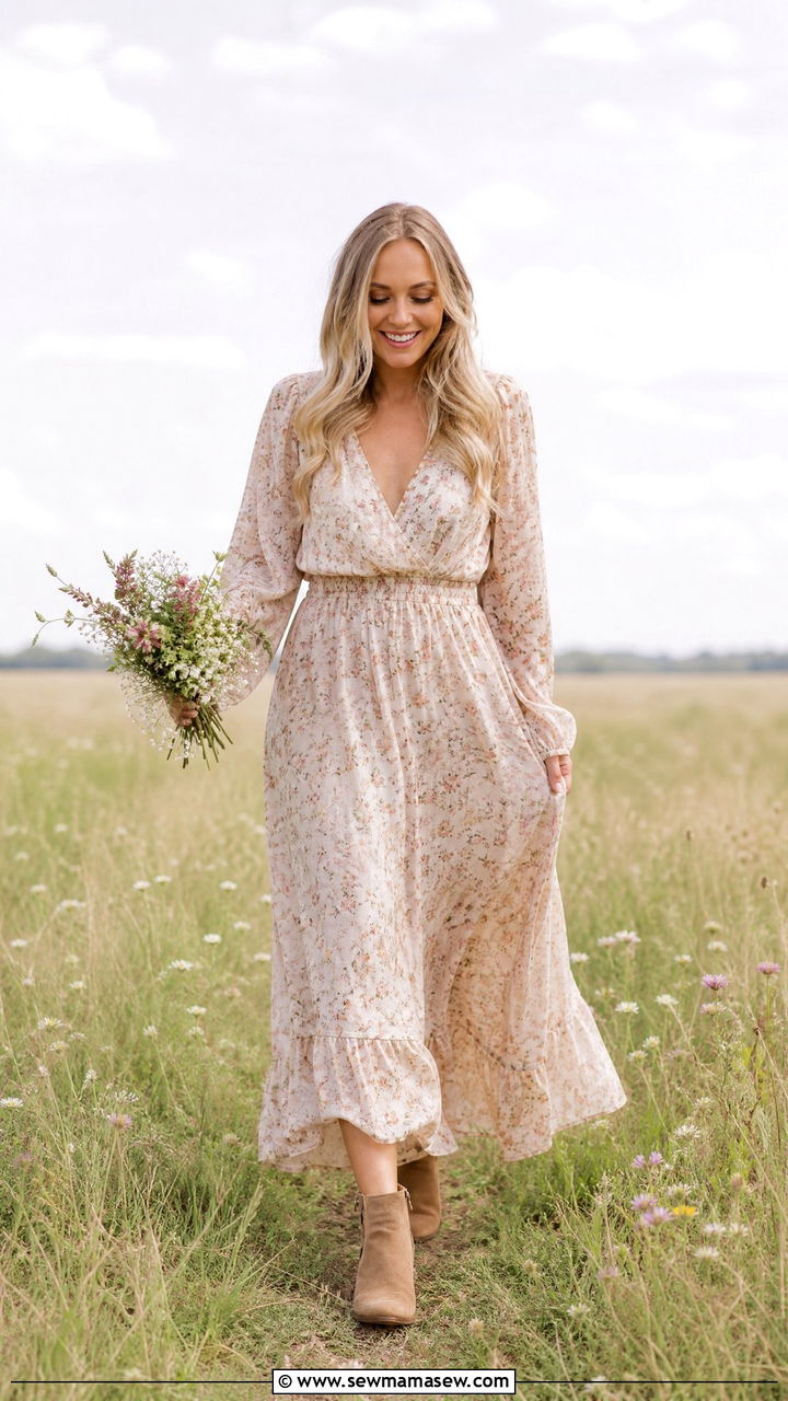 Boho Floral Maxi Dress With Ankle Boots - 25 Gender reveal photo outfit ideas 2026