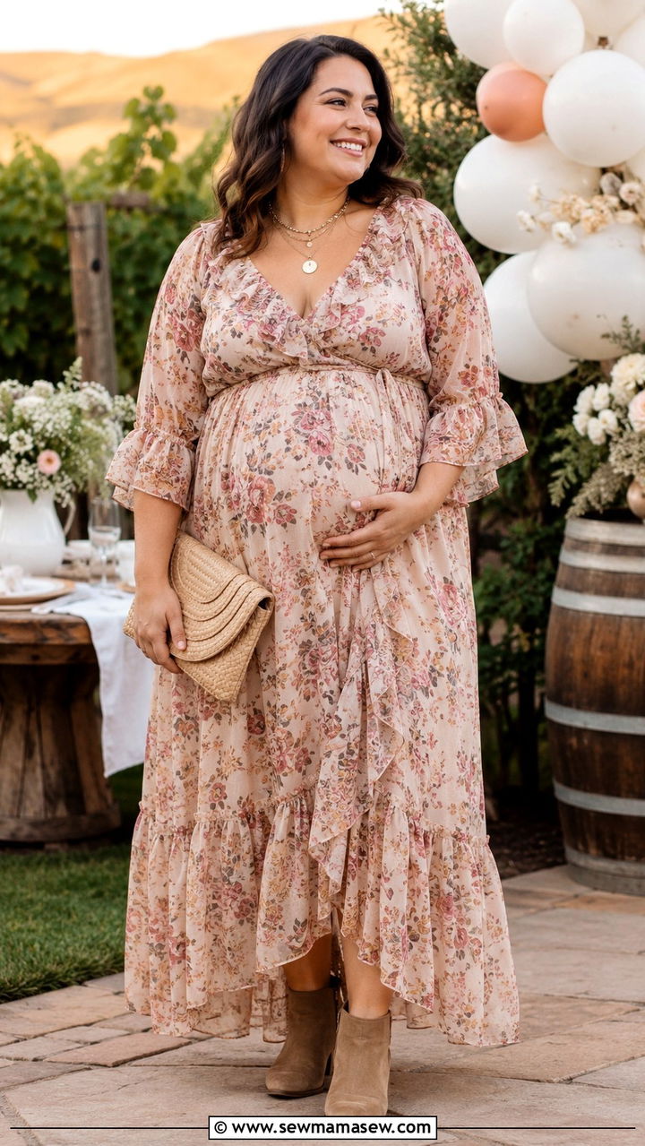 Boho Floral Maxi Dress With Ankle Boots - 30 Plus size outfit ideas for baby shower