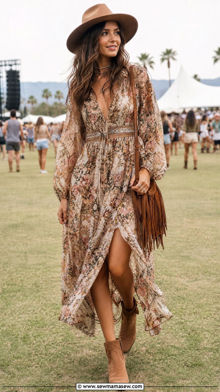 Boho Floral Maxi Dress With Ankle Boots - 40 summer dress outfit ideas