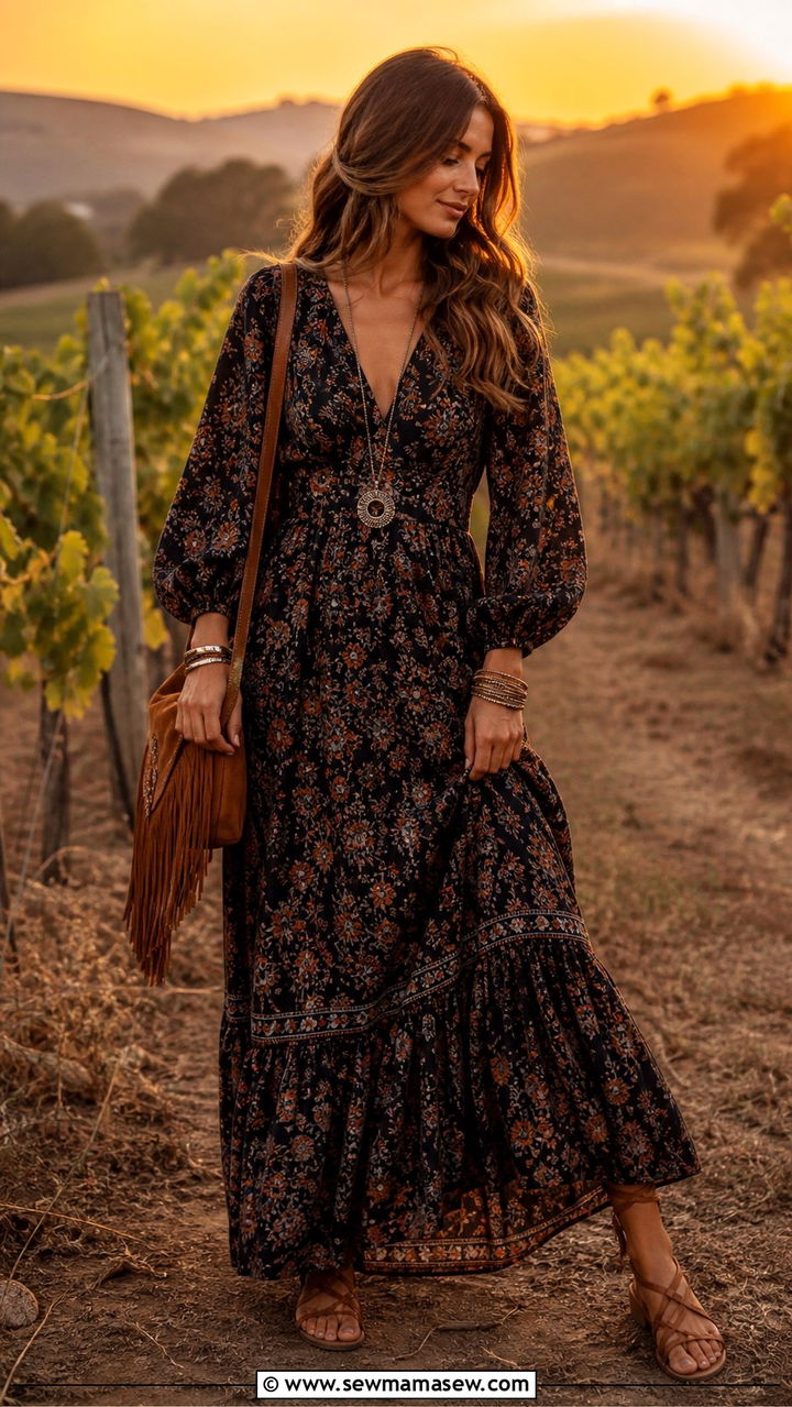 Boho Floral Maxi Dress With Fringed Suede Bag - 20 60s outfit ideas 2026