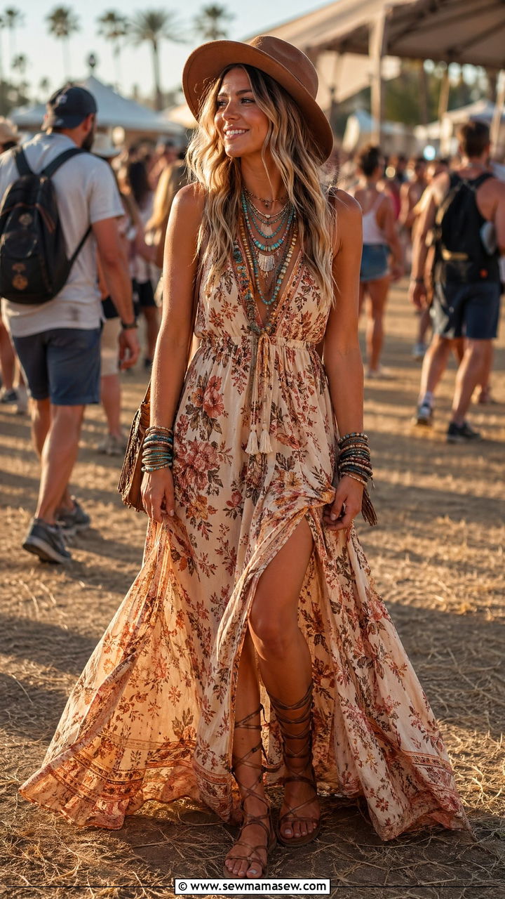 Boho Floral Maxi Dress With Gladiator Sandals - 35 festival outfits