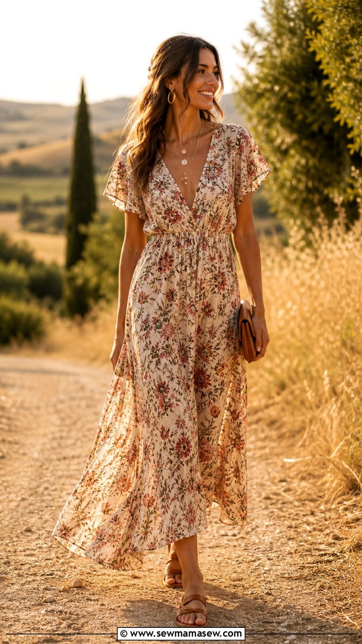 Boho Floral Maxi Dress With Gold Jewelry And Flat Sandals - 40 Casual wedding guest outfits