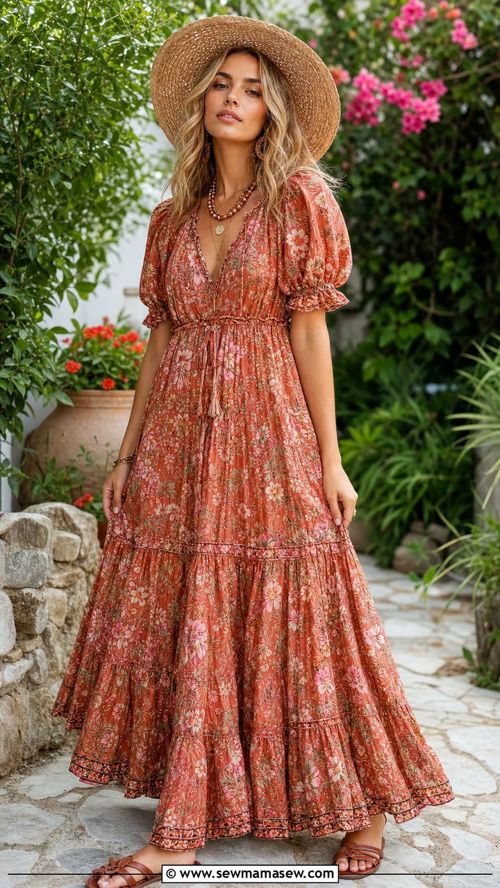 Boho Floral Maxi Dress With Straw Hat Summer Outfit - 35 Casual chic summer outfit ideas 2026
