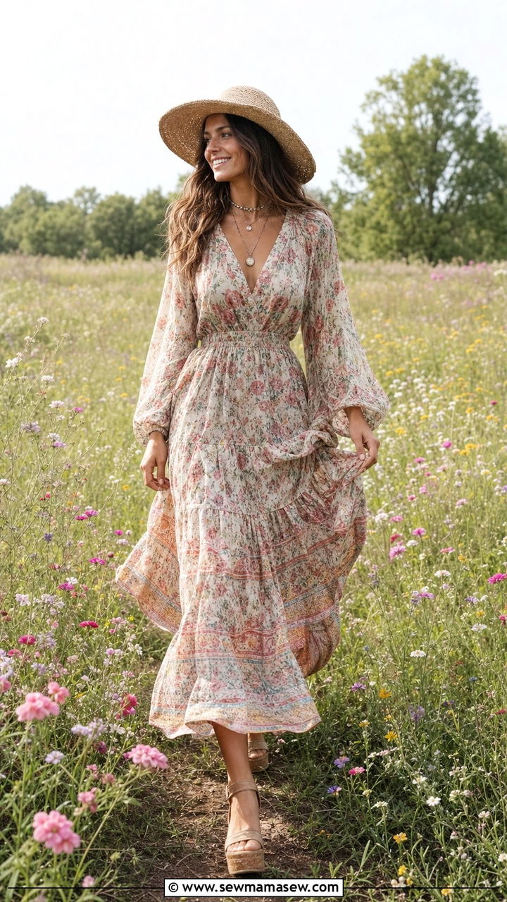 Boho Floral Maxi Dress With Wedge Sandals - 25 spring to summer outfits trends