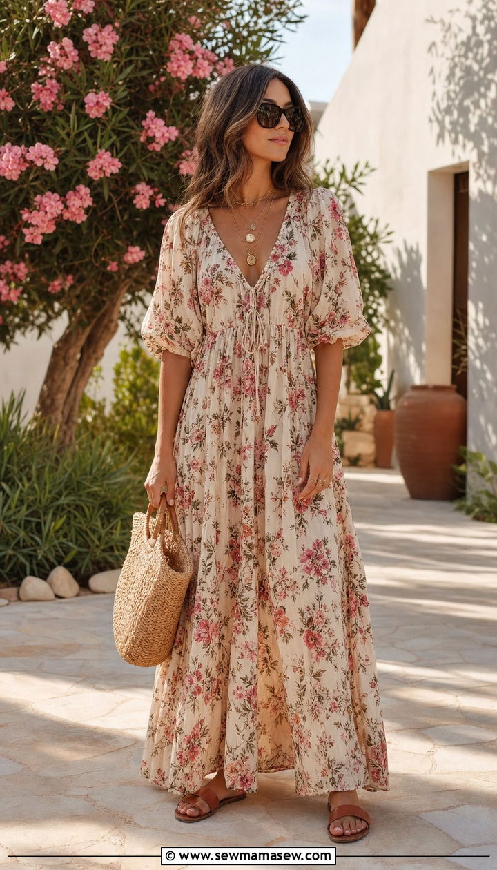 Boho Floral Maxi Dress With Woven Bag - 25 spring outfit ideas Pinterest