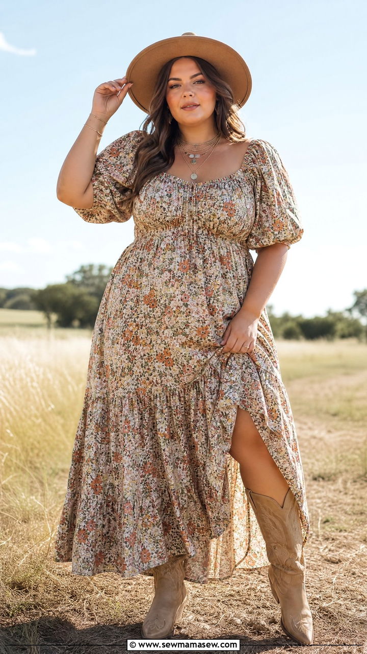 Boho Floral Maxi Dress with Cowboy Boots and Wide Brim Hat - 25 Maxi dress for plus size outfit ideas
