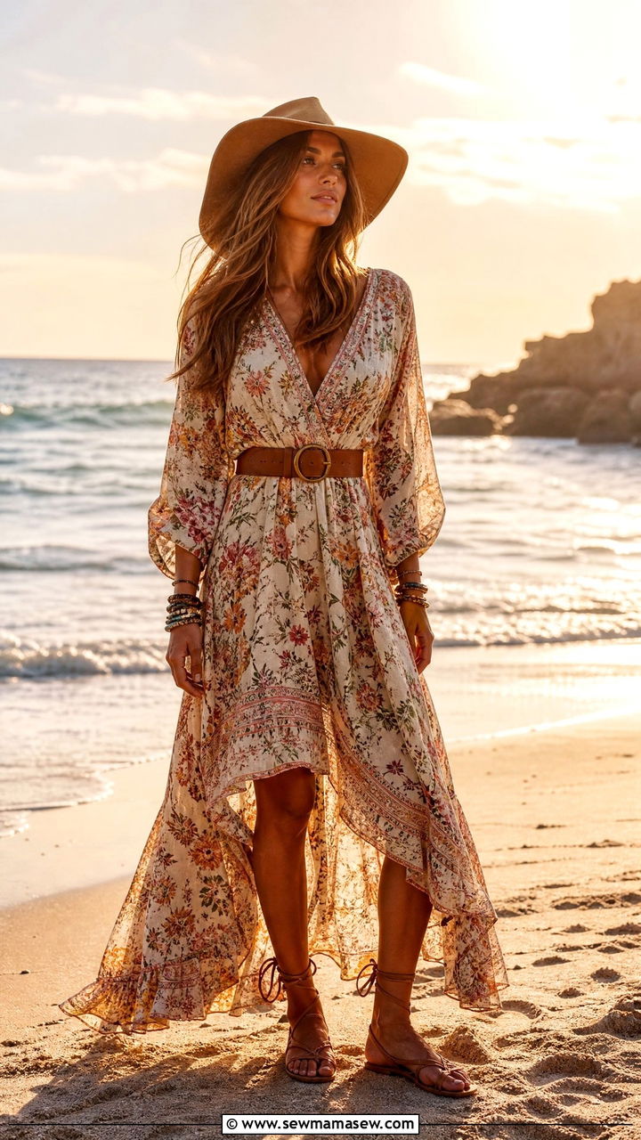 Boho Floral Maxi Dress with Hat - 25 hot weather outfits aesthetic