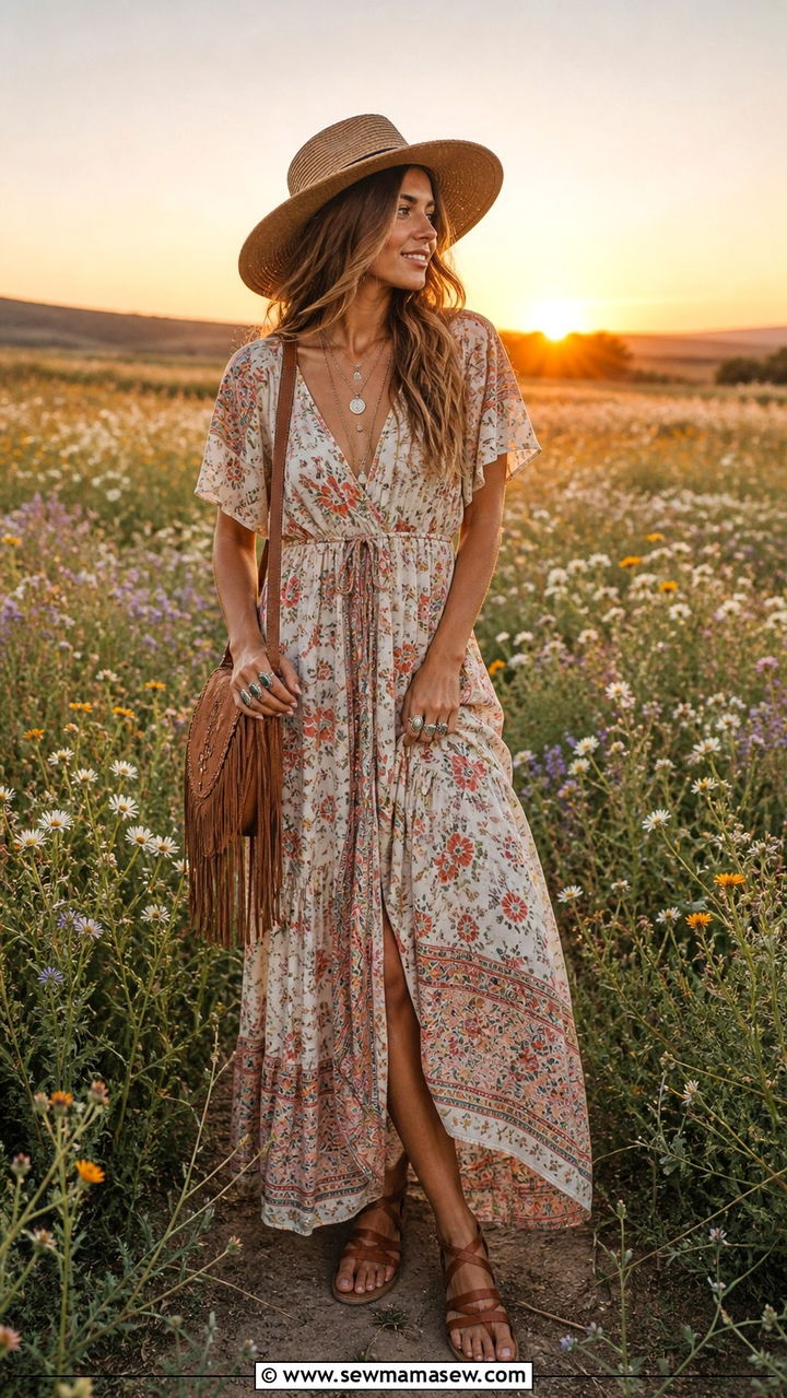 Boho Floral Maxi Dress with a Wide Brim Hat Picnic Outfit - 40 Spring picnic outfits