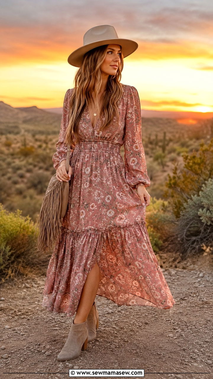 Boho Floral Maxi With Suede Ankle Boots - 30 spring western outfits