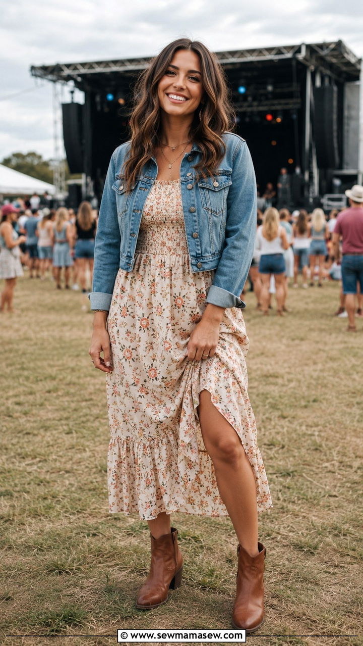 Boho Floral Midi Dress Ankle Boots Denim Jacket - 25 Zach Bryan concert outfit ideas