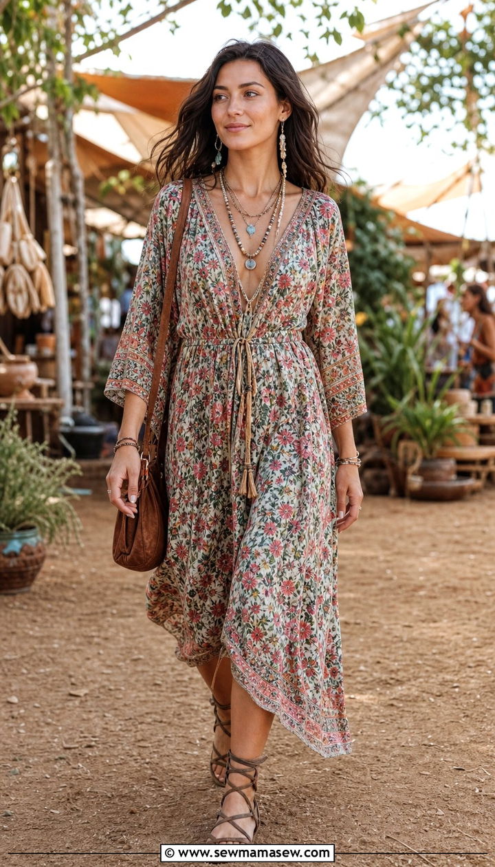 Boho Floral Midi Dress with Gladiator Sandals - 35 casual midi dress outfits