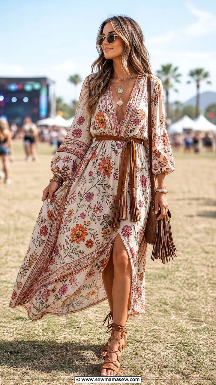 Boho Floral Midi Dress with Tassel Belt and Flat Leather Sandals - 30 Midi dress outfit ideas with a belt